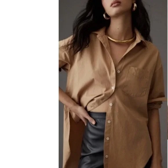 Maeve Anthropologie The Bennett Oversized Button Down Shirt Tan Long Sleeve XL - Picture 3 of 11